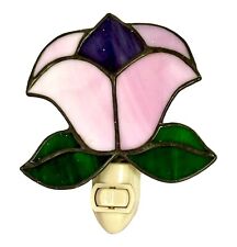 VTG 1980s Tiffany Style Stained Glass Nightlight Floral Pink Purple Flower Decor picture