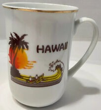 Hawaii Souvenir Coffee Cup Mug Hawaiian Outrigger Sunset Palm Trees Vtg picture
