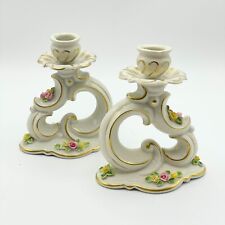 Vintage Dresden Pair Applied Roses Gilded Cream Porcelain Candlestick Holders picture