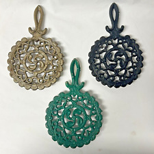 Vintage Lot Of 3 Cast Iron Painted Trivets Hearts Tulip Kitchen Decor Marked AS picture