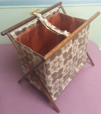 VINTAGE Knitting / Sewing / Embroidery Folding Caddy Basket 70's Satin Interior picture