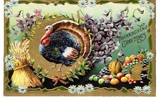 Antique Postcard Thanksgiving Greetings Turkey Harvest Cornucopia Wheat Floral picture