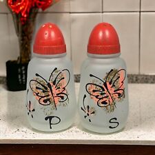 Hazel Atlas Frosted Glass Hand Painted Butterflies Salt & Pepper Shakers Vintage picture
