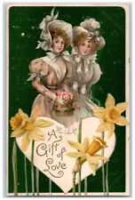 1907 Valentine Gift Of Love Pretty Woman Flowers Nash Embossed Antique Postcard picture