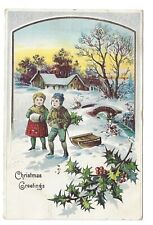 1912 Christmas Postcard Children Playing Snow Sled Cabin Stream Germany Embossed picture