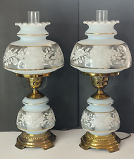 Pair of 1978 Quoizel Satin Lace Hurricane Lamps picture