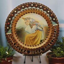 Vtg Our Lady of La Salette Polish Hand Carved Brass Inlaid Wood Folk Art Plate picture