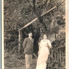 ID'd c1910s Outdoors Couple RPPC Woman w/ Umbrella Summer Real Photo Scott A125 picture