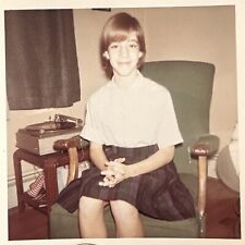 VINTAGE COLOR PHOTO girl in schoolgirl uniform vinyl record player 1967 Music picture