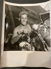 WWII press photo B25 Aircraft Crew Chief Repairing Engine, Yank Magazine picture