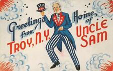 GREETINGS FROM TROY NEW YORK HOME OF UNLCE SAM PATRIOTIC POSTCARD (c. 1950) picture