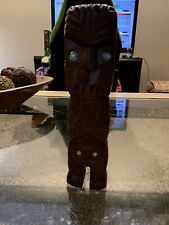 Vintage Maori Tiki God Hand Carved Wooden Statue Paua Shell Eyes 9.5” picture