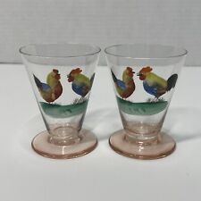 Vintage Pair Hand-Painted Rooster Shot Glasses. Unique Barware. Good Condition. picture