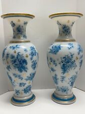 LARGE PAIR ANTIQUE BACCARAT FRENCH WHITE OPALINE VASES WITH PAINTED BLUE FLOWERS picture