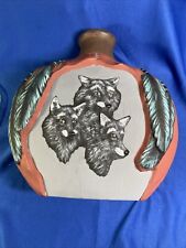 Vtg Native American Pastel Bisque Pottery Vase Feathers Wolves Wolf Pack picture