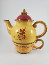 Demdaco Bienvenue Teapot Tea for One French Country Mustard Yellow Red Floral picture