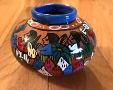 Mexico Pottery Vase Shiny Glaze Religious Street Scene Marked Isidoro 2.5 Inches picture