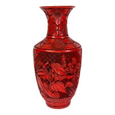 Vtg Taiwan Carved Red Cinnabar Lacquer Brass Vase 8 3/4