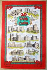 Vintage WELSH CASTLES Cotton Tea Towel E.P.L. Designs 1960's Whales Celtic Linen picture