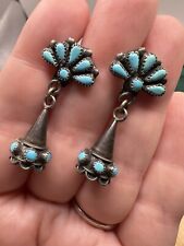 Vintage Zuni Squash Blossom Turquoise Dangle Sterling Silver Screw Back Earrings picture