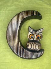 Owl And Moon Wall Hanging Art Mid Century Carved Wood Retro Vintage Felt Eyes picture