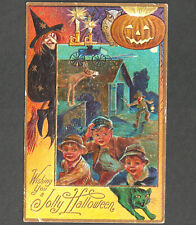Witch Wishing You a Jolly Halloween Prank Green Cat Roof Owl Boy Nash 4 PostCard picture