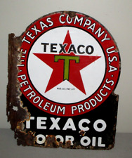 1920-30- TEXACO CO GAS & MOTOR OIL- FLANGE DOUBLE SIDED PORCELAIN SIGN-ORG- 23