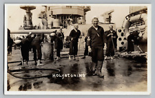 Antique RPPC Photo US Navy Sailors Seamen Men Crew Battleship Deck Holystoning picture
