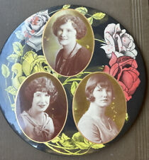 Antique 1920s women family photo floral roses celluloid tin plaque picture