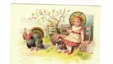 Victorian Trade Card Girl Turkey Doll 1890's Child Country Thanksgiving Farmcore picture