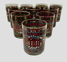 Stained Glass Season Greetings Glasses Vtg 70s Christmas Holiday GOLD RIM Set 10 picture