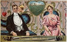 Antique Valentine Postcard Cupid Whispers in Man’s Ear Propose to Lady C1910 picture