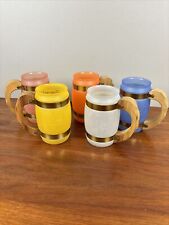 Set Of 5 Vtg MCM Siesta Bar Ware Glasses Frosted Barrel Mugs Wood Handle Cups 5” picture