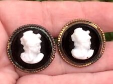 Antique B&W Hand Carved Glass Shell Cameo Brass Buttons- Set Of Two. picture