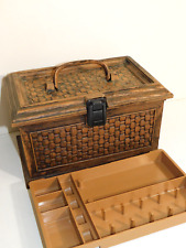Vintage Lerner Sewing Box With Tray Brown Faux Basket Weave Brown 10X6X6 MCM 70S picture