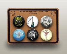 Nirvana Pin Badges 5 x 32mm Featuring Kurt Cobain, Kurt's guitar, nevermind picture
