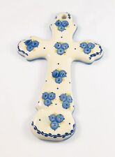 Boleslawiec Polish Pottery Ceramic Cream Blue Blueberry Floral Cross Jesus God picture