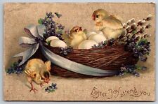 Clapsaddle Easter~Chicks & Eggs In Nest~Lavender Ribbon~Violets~Gold Texture  picture