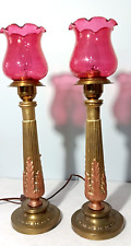 Pair of Neo-Classical Column Candlestick Style Lamps with Cranberry Shades picture
