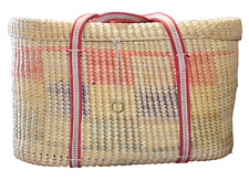 Extra Lg Shopping Beach Coiled Straw Rattan Basket w/Handles & Lid 20”x10”x13