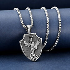 Men Archangel Saint St Michael Medal Shield Pendant Necklace Stainless Steel picture
