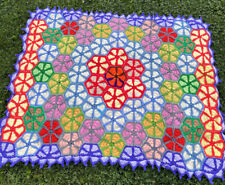 Granny Quilt Hexagon Crochet Boho Purple Red Yellow White Pink Green 58” x 46” picture