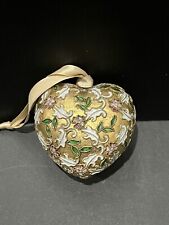 Large Heart Shaped Metal Cloisonne Ornament 3” Gold Green White Pink Burgundy picture