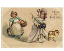 c1910 Happy Easter Cute Girls Walking Chick Carrying Eggs Embossed Postcard￼ picture