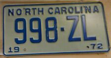 NOS 1972 North Carolina license plate 998 ZL new NC picture