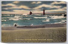 1948 Postcard Lake Michigan Lighthouse & Pier Grand Haven MI picture