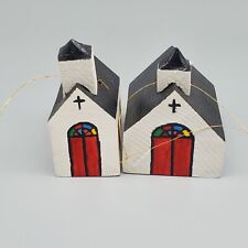 2 Vintage Wooden Church Christmas Ornaments Hand Painted picture