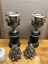 Stunning Set Of Two Silver Brass Candle Holders with Black Marble Base     picture