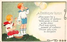 Antique Birthday Card Children Blowing Bubbles Sailor Dress Fantasy Postcard D25 picture