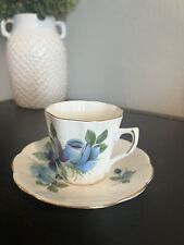 Royal Dover Tea Cup Saucer Floral Blue Flowers England Bone China Vintage picture